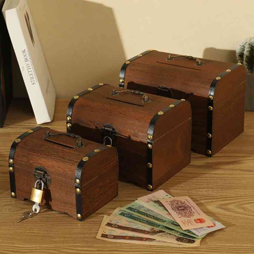 Vintage Wooden Treasure Chest Piggy Bank - Child Cash Coin Storage Box