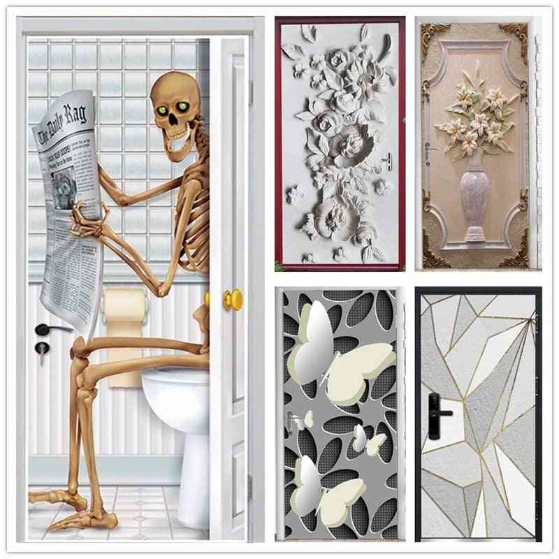 Creative Skeleton, Embossed Flower Pattern, Animal, Scenery Door Stickers - Pvc Self Adhesive Wallpaper Home Decor Murals, Refrigerator Art Posters