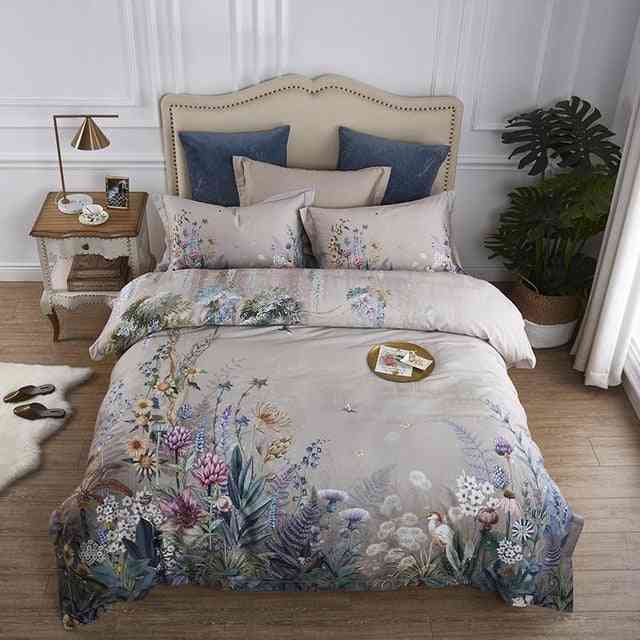 Birds And Flowers Leaf Gray Shabby Egyptian Cotton Bedding Set