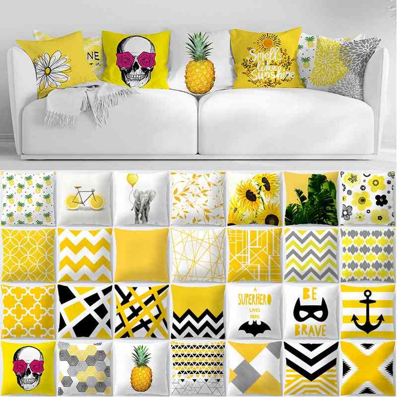 Summer Geometry Yellow Skulls, Pineapple, Leaf, Flower Print Decorative Pillowcase