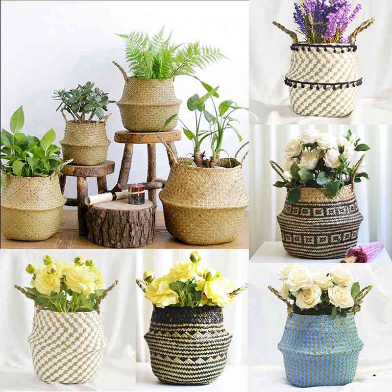Handmade Foldable Laundry Straw Wicker - Rattan Seagrass Belly Garden Flower Pot