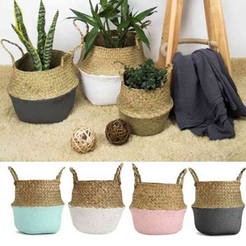 Rattan Straw Seagrasss Folding Hanging Basket, Flower Pot, Vase For Home Garden