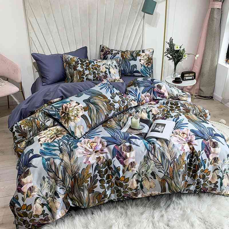 Pure Egyptian Cotton Tropical Leaves Flowers Print King And Queen Size Bedding Set