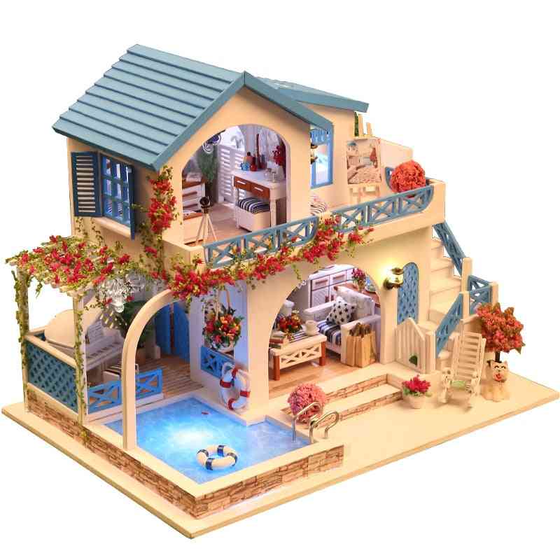 Miniature Wooden Dollhouse With Furniture, Construction Model And Building Kits Toy