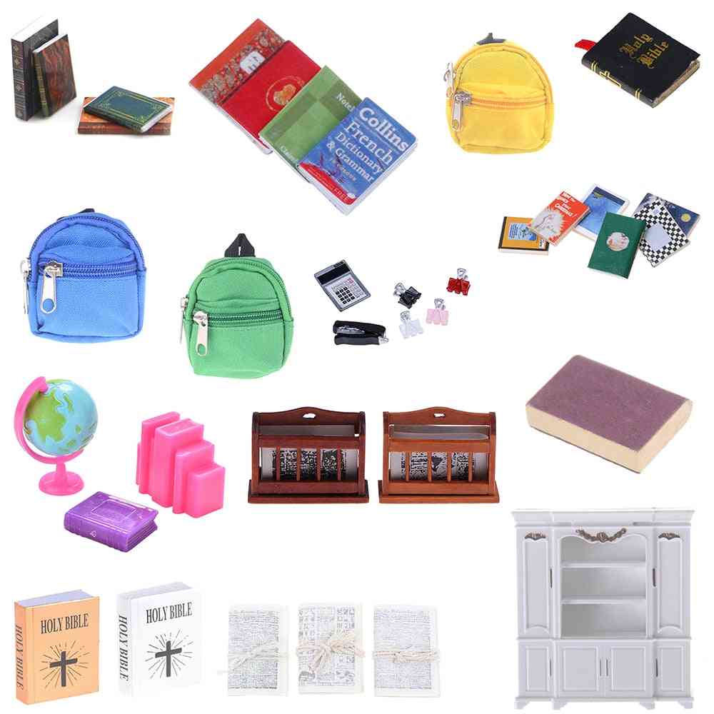 Bookshelf Notebook Newspaper, Backpack, Caculator, Clamp Model Doll House Kid