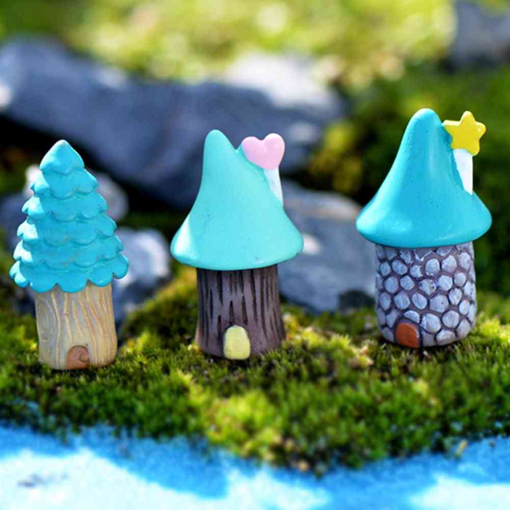 Vintage Blue House Miniature Craft Fairy Garden Ornaments 3pcs - Bonsai Micro Landscaping Home Decor