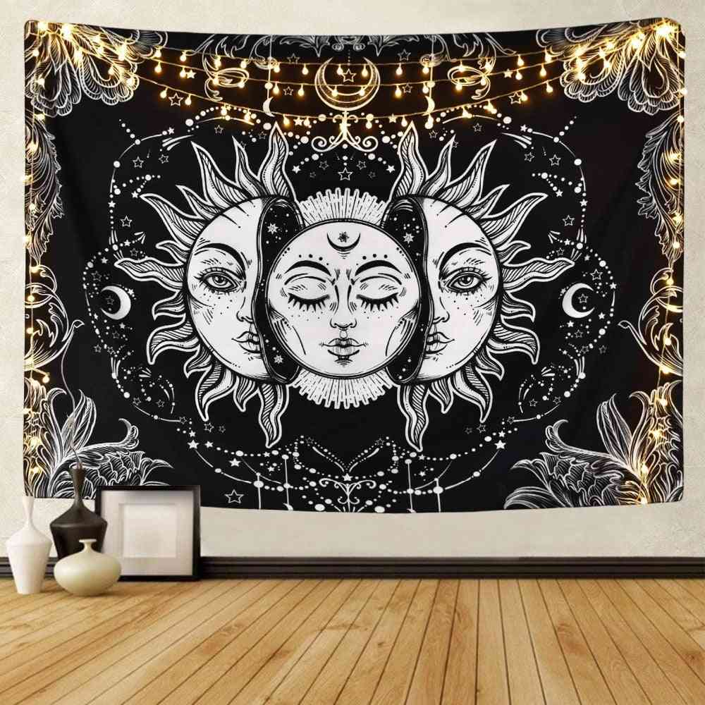 Branco preto sol lua mandala suspensão de parede tapeçaria celestial - tapetes de parede hippie decoração de dormitório tapeçaria psicodélica - cor 10 / 150x130cm
