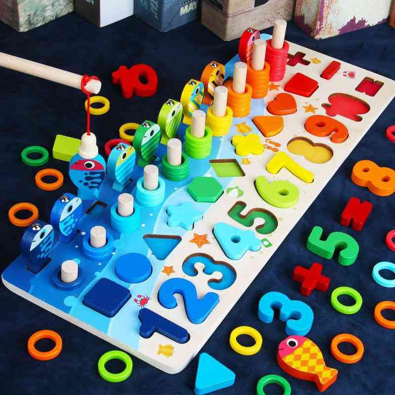 Barn pedagogiska trä, 5 i 1 fiskeantal som matchar digital form log board pussel leksak - 4 i 1 set