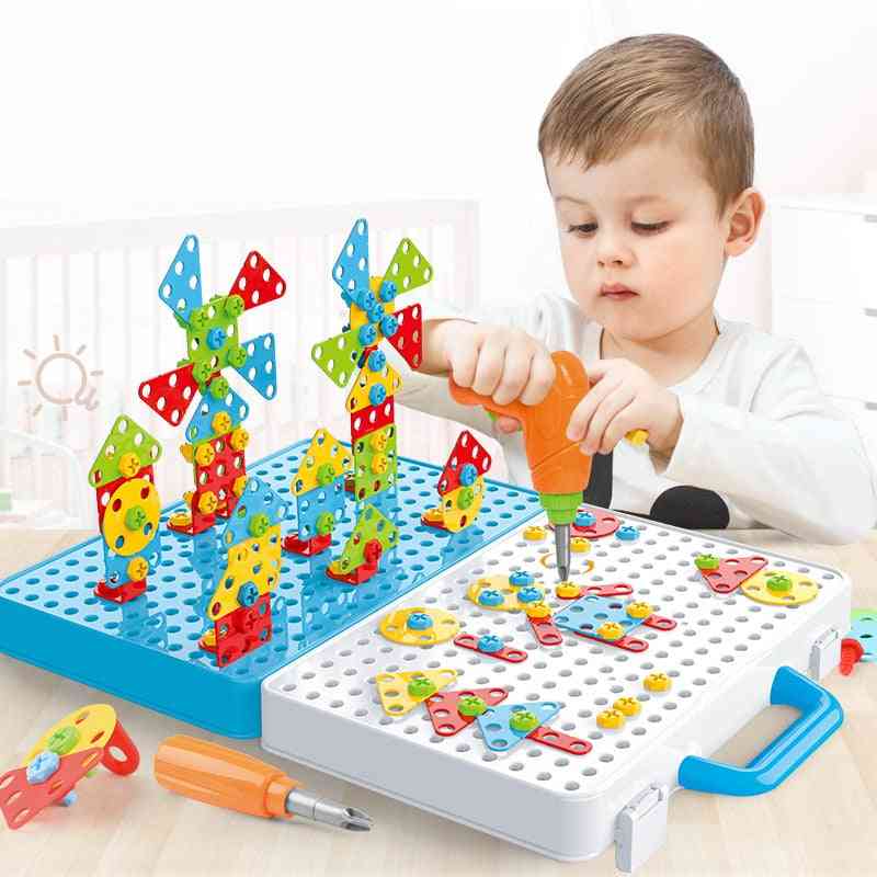 Copiii găuresc puzzle-uri cu șuruburi, un instrument de joacă