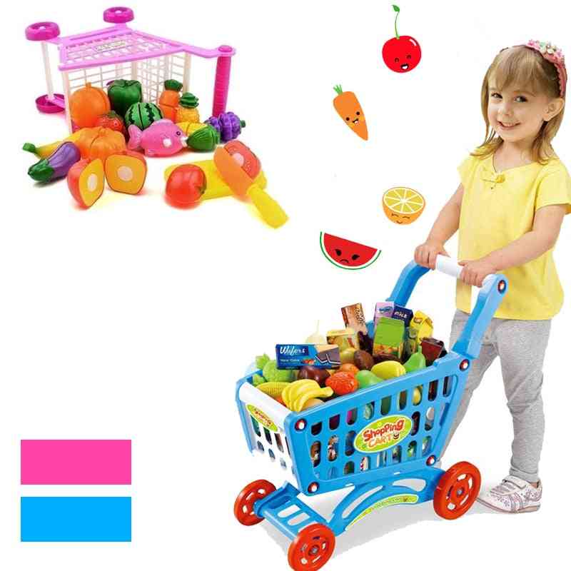16pcs Supermarket Shopping Cart Trolley Push, Simulation Fruits  Vegetables Pretent Play Groceries Toy For Girl Kids