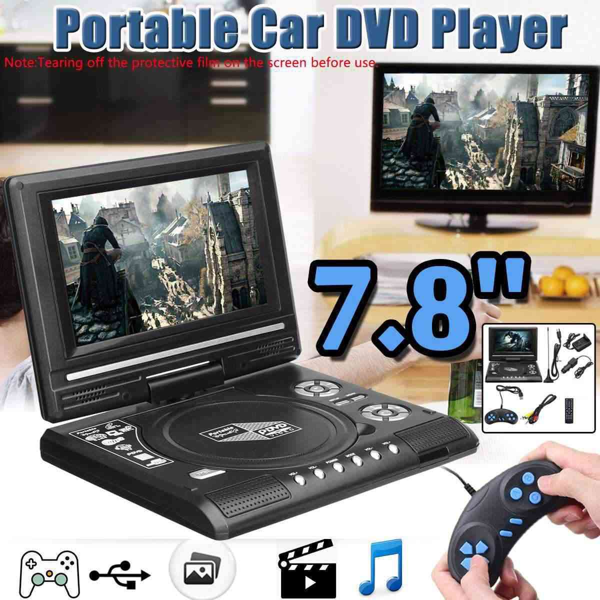Reproductor de dvd para coche con tv hd de 7.8 pulgadas - reproductor de vcd, cd, mp3, dvd tarjetas sd usb cable portatil de tv rca -
