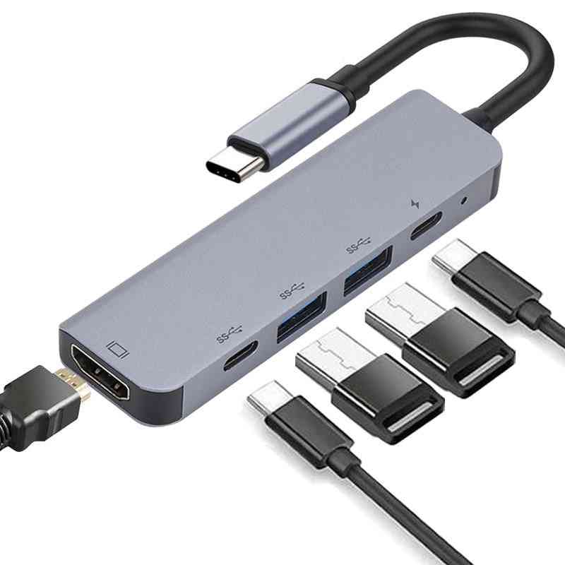 8 i 1 USB-hub, aluminiumslegering, Type-C til HDMI + USB 3.0 + PD-opladerkabel - 3 i 1
