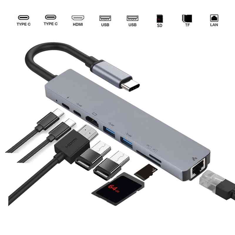 8 i 1 USB-hub, aluminiumslegering, Type-C til HDMI + USB 3.0 + PD-opladerkabel - 3 i 1