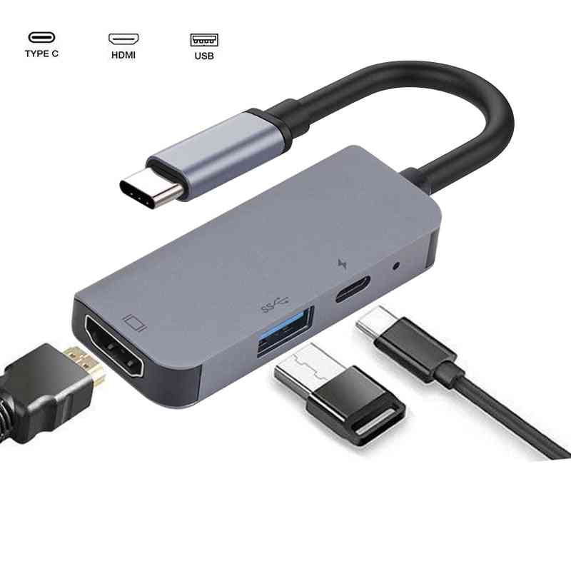Hub USB-C en alliage d'aluminium 8 en 1, câble de charge Type-C vers HDMI + USB 3.0 + PD - 3 en 1