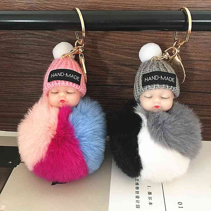 Cute Sleeping Baby Doll - Rabbit Fur Ball Plush Keychain Bag Pendant Toy