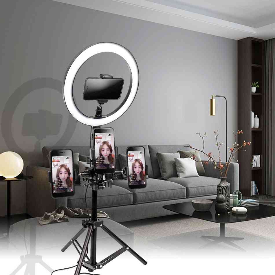 Usb interface dæmpbar led selfie ring lys kamera telefon, fotografering video makeup lampe med stativ - 26cmlight 1.6mstand-350853