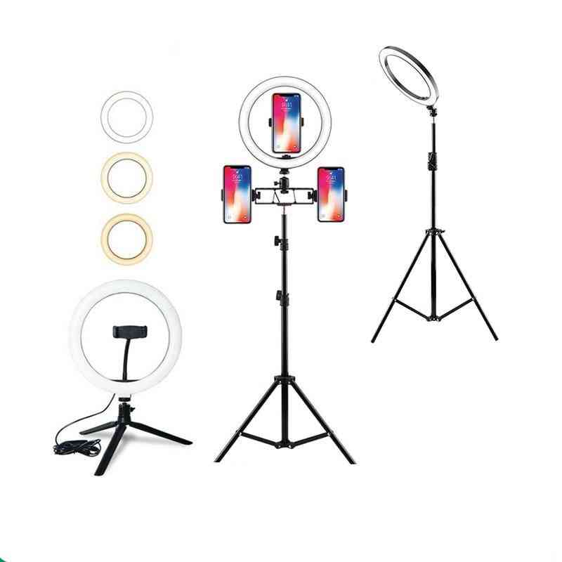 Dimmable Led Ring Light With Tripods Stand, Phone Holder Desk