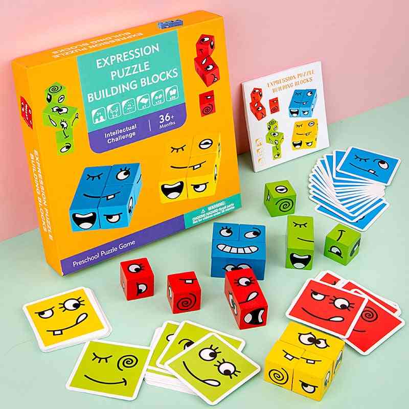 Montessori Ausdruck Puzzles Baustein Gesicht ändern Holz für Kinder Bildung Spielzeug - 01