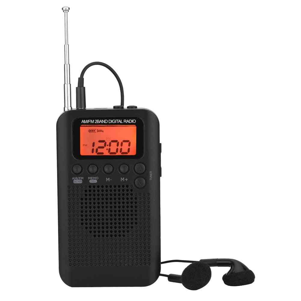 Kannettava miniradio - kaksitaajuuksinen digitaalinen FM-radio, stereoradio LCD-näyttö, digitaaliset viritystaskuradiot kuulokkeilla - musta