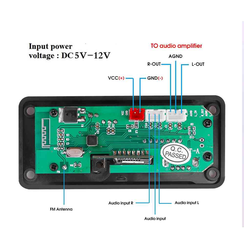 Bluetooth 5.0 bilradio mp3-spiller dekoderkort 5V-12V håndfri støtteopptak FM TF SD-kort aux med mikrofon lydmodul (svart) -