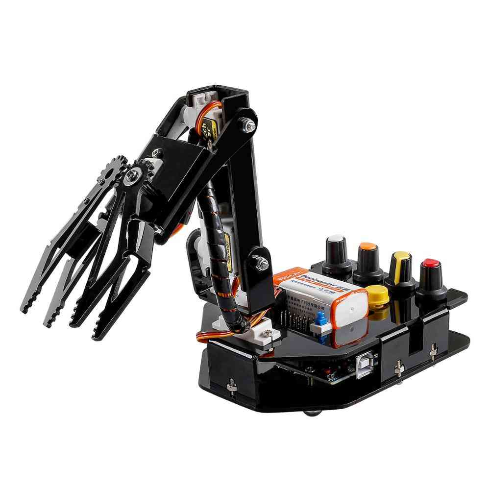 Rc programmerbar robot elctronic robotarmsats 4-axlig servostyrningsrullarm för arduino för barn (svart) -