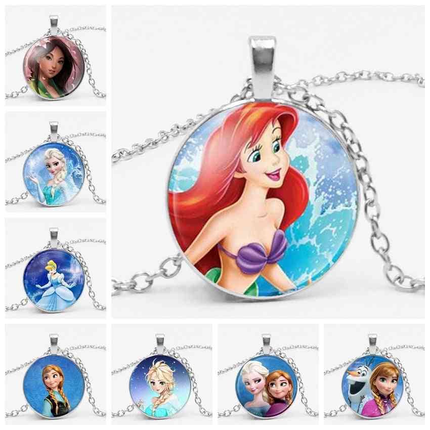 The Long Chain Jewelry Necklace, Crystal Cabochon Princess- Elsa Anna Snow Queen Pendant For