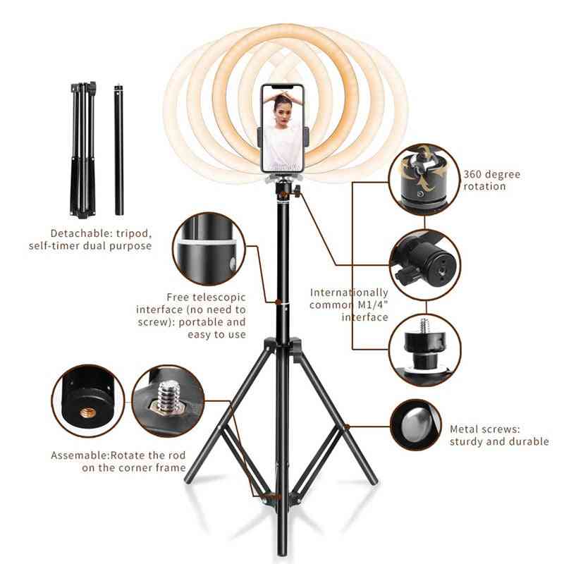 Usb led luz anelar lâmpada flash de fotografia com tripé de 130 cm para maquiagem youtube, vk, tik tok vídeo iluminação regulável - 16 cm