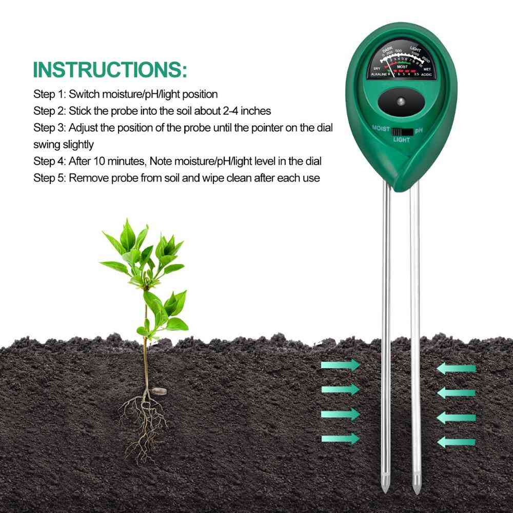 PH-mètre du sol - Kits de testeur de sol 3 en 1 avec lumière d'humidité et test de pH pour pelouse de ferme de jardin, intérieur et extérieur