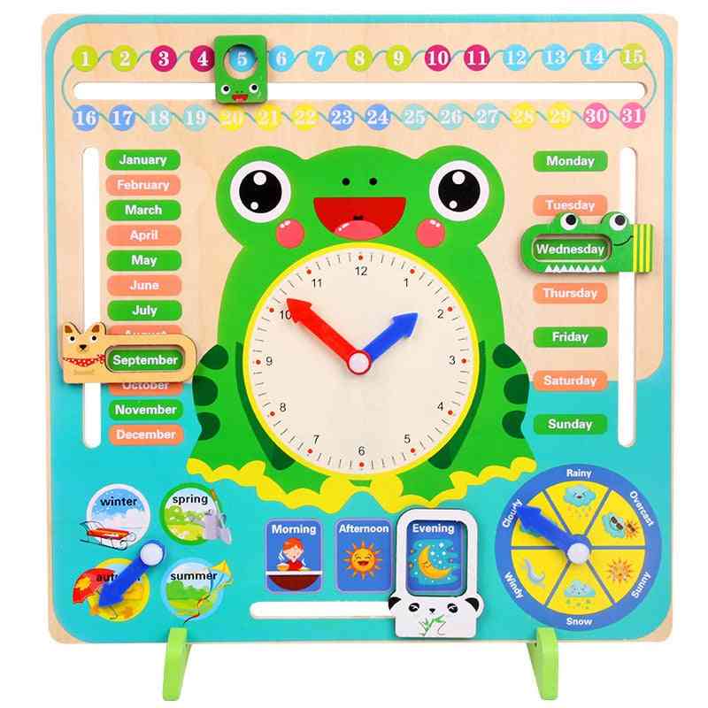 Houten cartoon kikker klok set kinderen hout kalender, tijd cognitieve bijpassende speelgoed kids vroeg leren onderwijs speelgoed (a) -