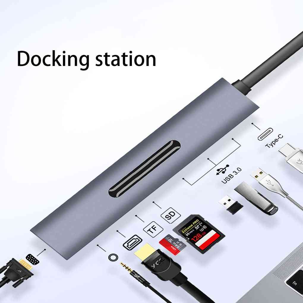 9 in 1 Thunderbolt 3 Dock, USB C Hub Type-C naar HDMI + VGA met Audio HD Converter Adapter voor MacBook, Samsung S8, USB C (zilver) -