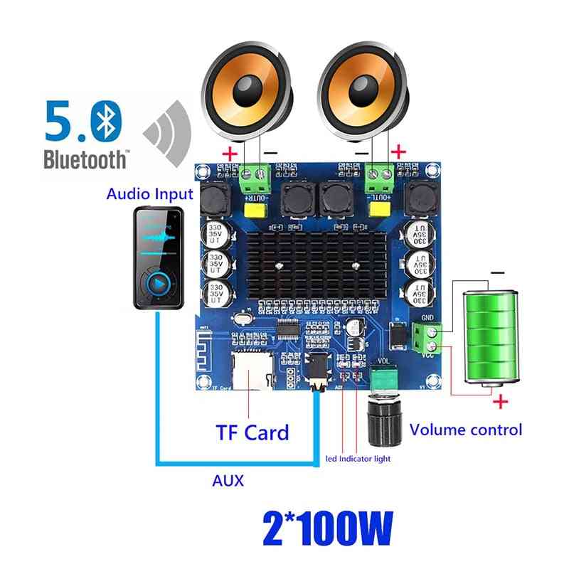 Placa amplificadora de som bluetooth 5.0 de 2 * 100w tda7498 power digital estéreo-receptor amp alto-falante - preto