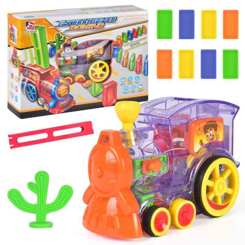 Karikatura rally vlak ve tvaru hračky set-domino bloky, nakládací kazety a umělý kaktus strom pro