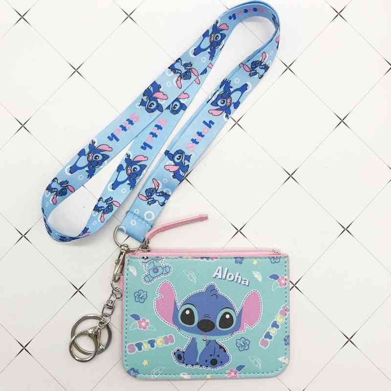 Cute Cartoon Printed, Stitch Pu Coin And Card Holder With Lanyard