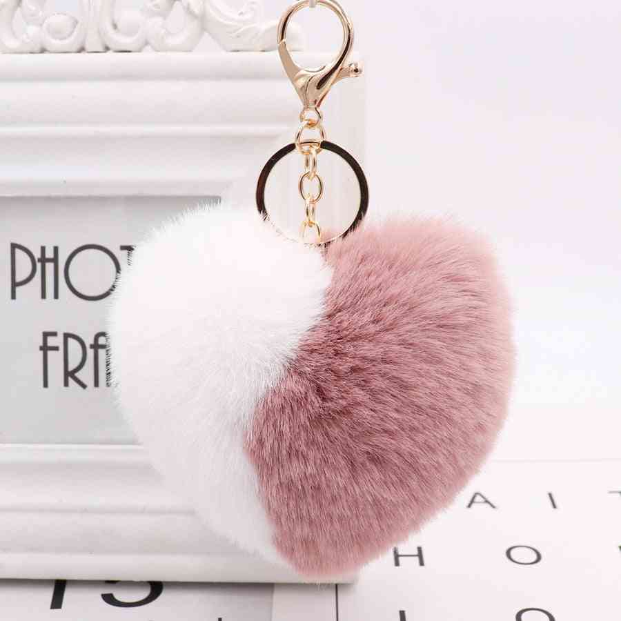 Love Heart Pompom Ball Plush Toy With Keychain For Women Purse