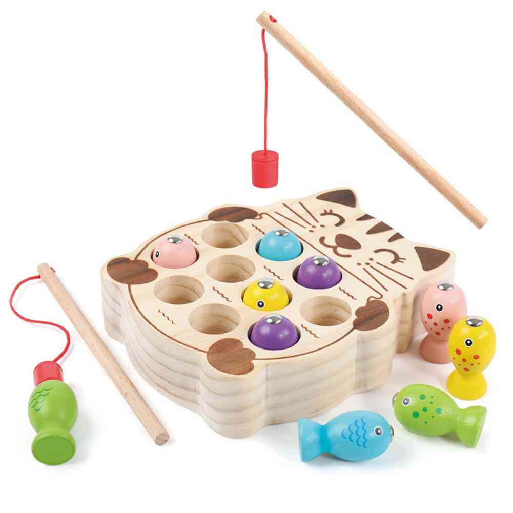 Wooden Pretend Cats Fishing Magnetic Board Game Interactive Toy