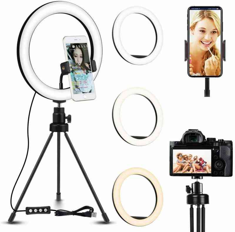 Luz de anillo para selfie de 26 cm con soporte para teléfono móvil de brazo largo perezoso, luz de anillo para fotografía con soporte, luz led para youtube tik-tok live (10 pulgadas)
