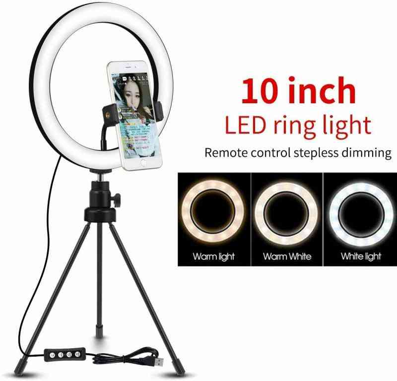 Luz de anillo para selfie de 26 cm con soporte para teléfono móvil de brazo largo perezoso, luz de anillo para fotografía con soporte, luz led para youtube tik-tok live (10 pulgadas)