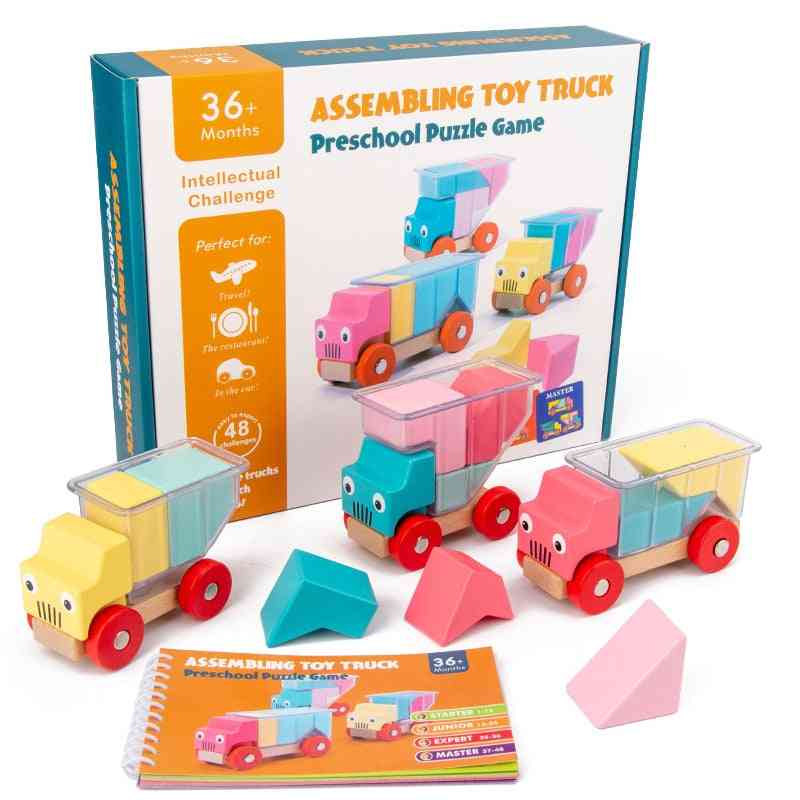 Sastavljanje drvene magnetske igračke za kamione, puzzle igra predškolskog uzrasta