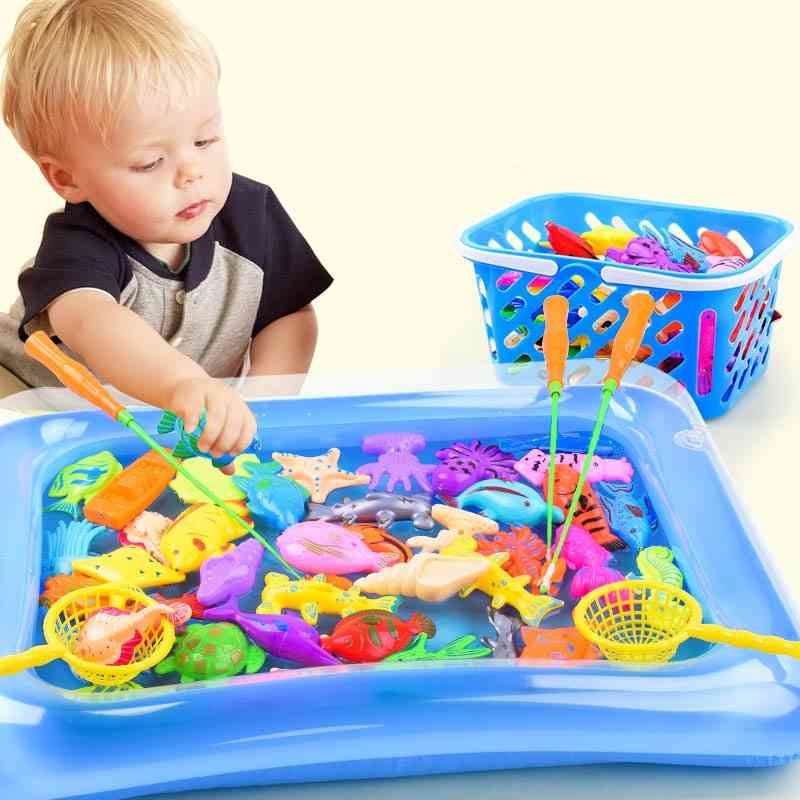 Brinquedos interativos para pais e filhos de pesca magnética infantil 14pcs / set, jogos infantis 1 vara 1 rede 12 3d peixe bebê banho brinquedo ao ar livre - 14 peças