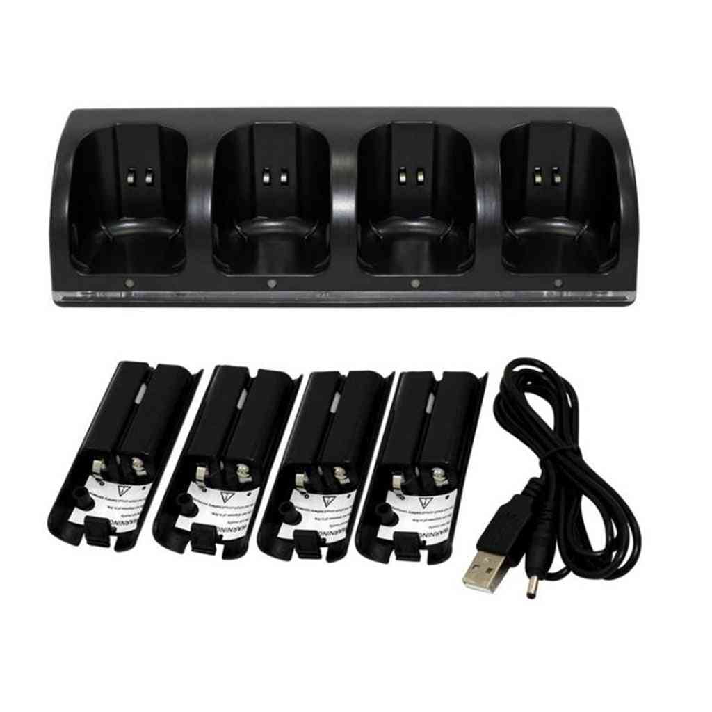 4-port Charger Dock-charging Station, + 4pcs 2800mah Batteries + Usb Cable For Wii Remote Controller Black