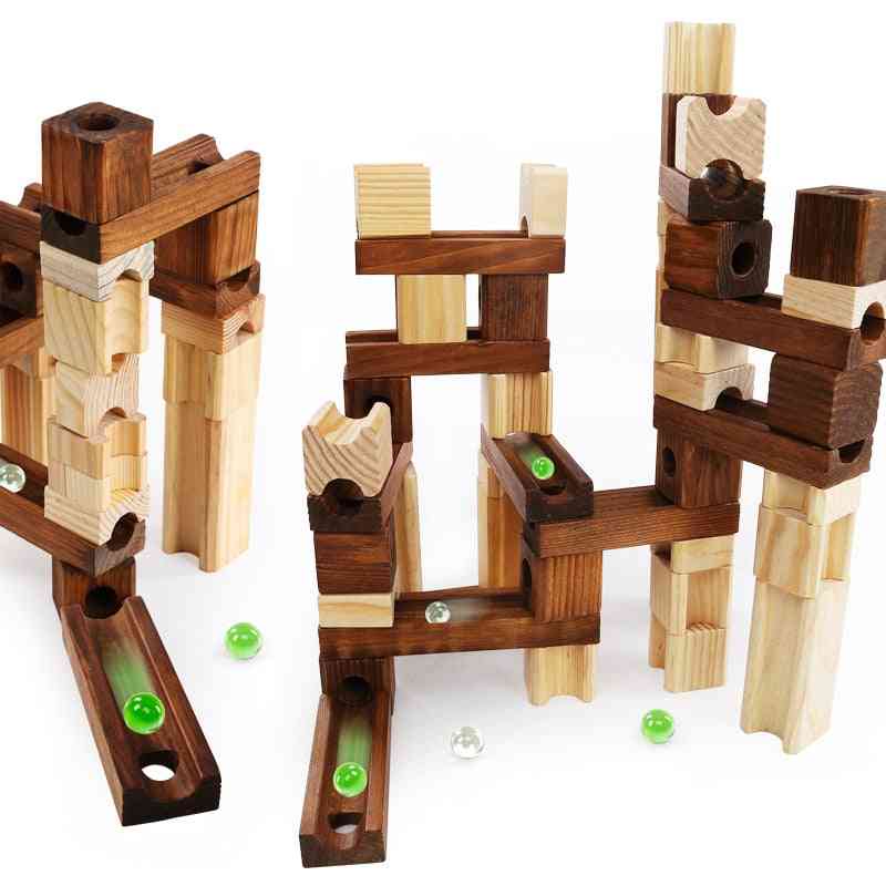 Children Wooden Marble Runs Block Toy With Glass Beads, Kids Building Construction