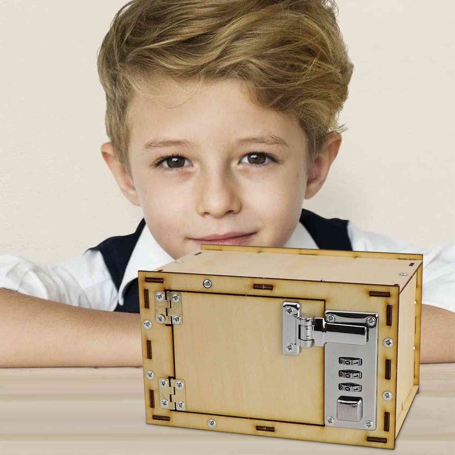 Barn DIY montering av tre mekanisk passord safe boks modell sparegris mynt late lek leketøy -