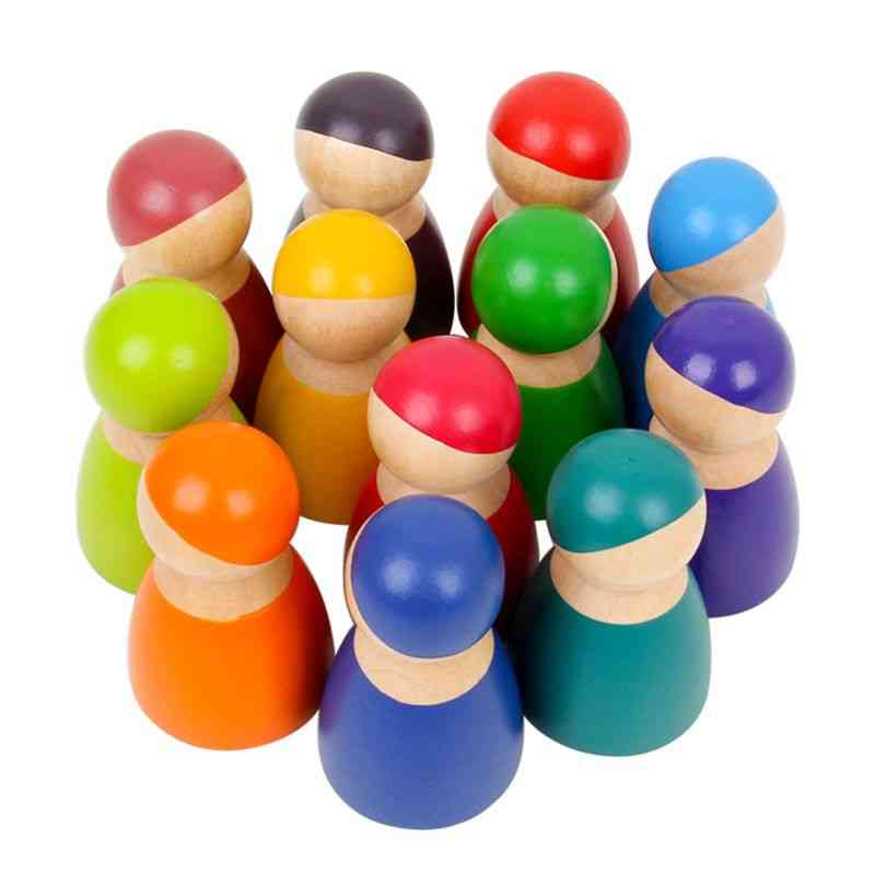 Montessori Set Of 12 Rainbow Friends Peg Dolls Wooden Pretend Play