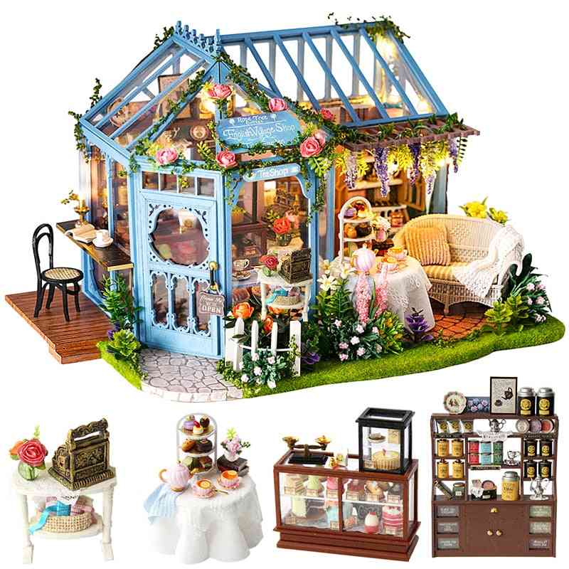 Diy House Miniature With Furniture Led Music Dust Cover Model Building Blocks For