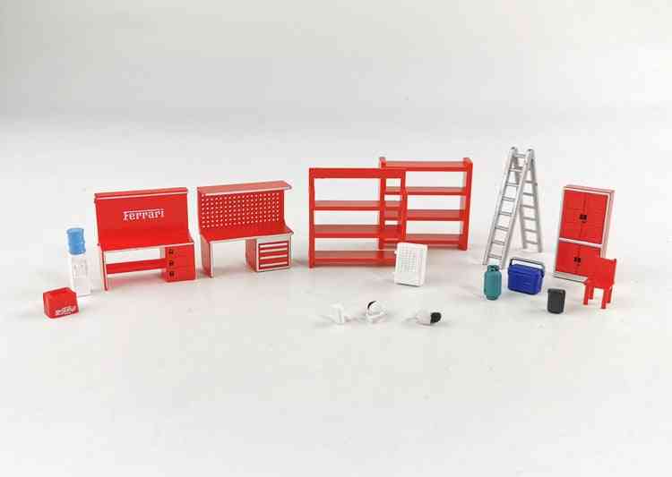 1/64 modell scene sett, hyllebord stol stige vann garasje auto reparasjon vedlikeholdsverktøy (rød) -