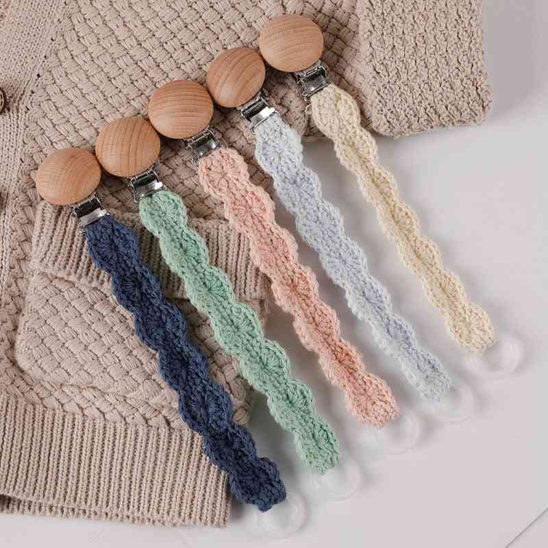 Pacifier Clips Wooden, Cotton Crochet - Newborn Teething Chew Dummy Chain