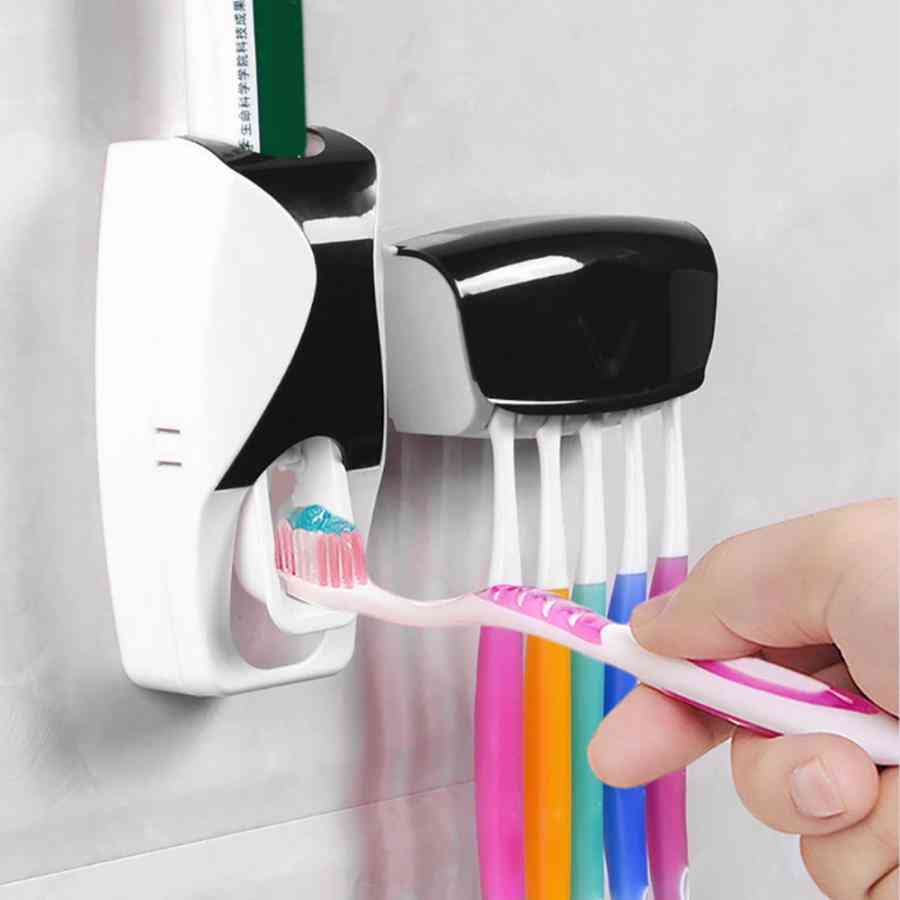 Automatic Toothpaste Dispenser & Wall Mounted Toothbrush Holder Set Rack