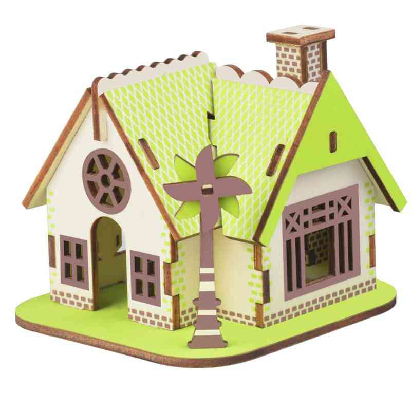 Puzzle 3D DIY House Village - Drewniana zabawka edukacyjna dla dzieci - niebieska