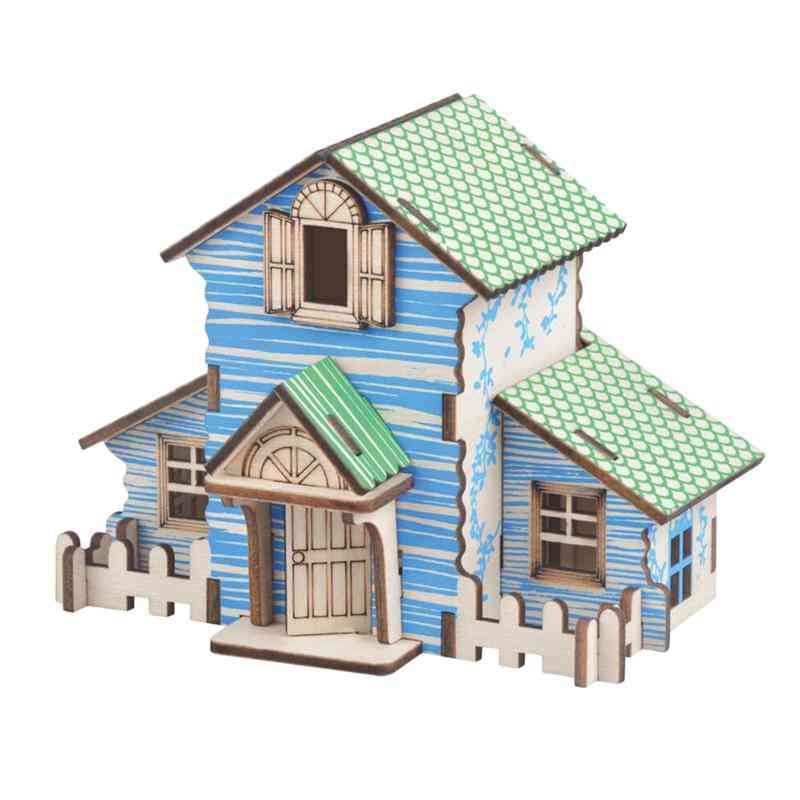 3D DIY House Puzzle Village - Jouet de construction éducatif en bois pour enfants - Bleu