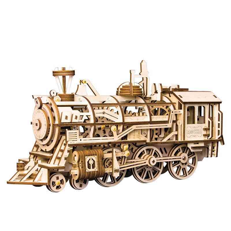 Robotime Movable Locomotive By Clockwork- Wooden Building Kits Toy